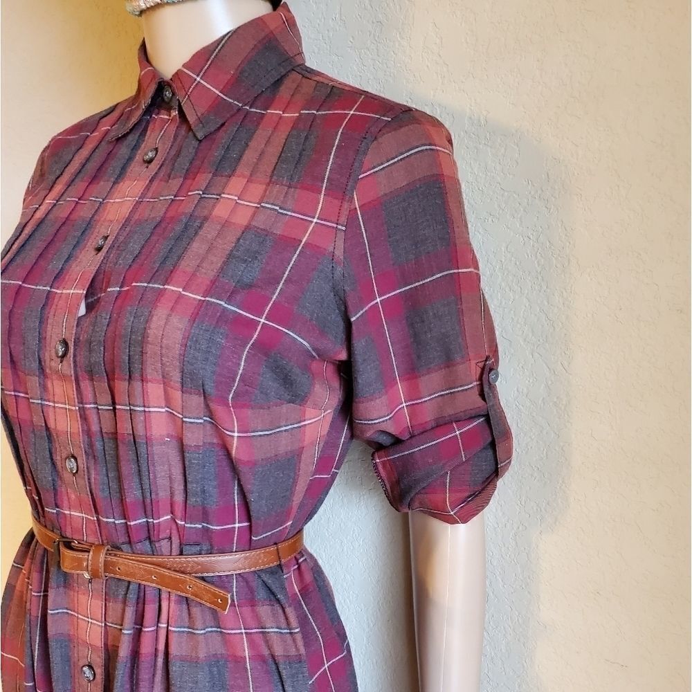 Vtg Women's Belted Long-Sleeve Plaid Shirt dress - Picture 6 of 12